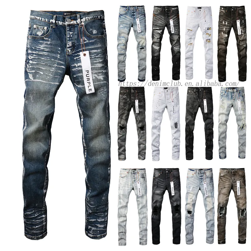Hochwertige Herren Baumwolle Denim Streetwear Hosen Großhandel mittleres gerades Mustache-Effekt beschädigt Waschen lila Marke Jeans