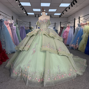 Robe de bal longue vert sauge avec appliques de sequins et taille naturelle Dy6921 - Product Image 5