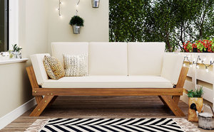 Chaise longue <span class=keywords><strong>de</strong></span> patio extensible 3-en-1 en bois d'acacia, réglable, résistante aux UV et à l'eau, finition naturelle, canapé d'extérieur - Product Image 5