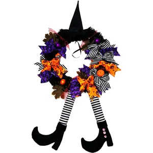 Halloween Dekorasi Rumah Hiasan Pesta Horor Pintu Depan Menggantung Topi Penyihir Kaki Labu Tengkorak Halloween Karangan Bunga