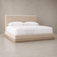 Lit plateforme King Size OAKEN en bois massif, entièrement rembourré, avec tête de lit blanche, cadre en bois chaleureux, confortable, mobilier de chambre à coucher