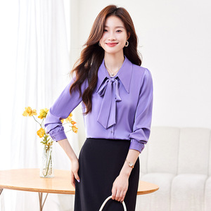 Women's Purple Satin Bow-Tie Blouse Long Sleeve Office Shirt Solid Color Fashion Top - Product Image 3