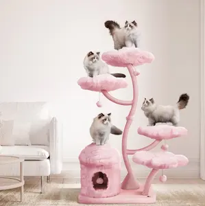 Torre de árvore de gato floral de madeira rosa luxuosa, multicamadas, moderna, flor de escalada para gatos, condomínio com poste de arranhar de sisal