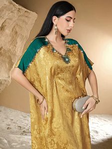 Tissu gingembre fente latérale manches courtes strass décoration col en V femmes musulmanes élégantes Abaya marocaine caftan - Product Image 2