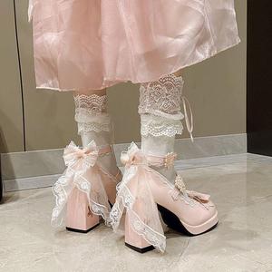 Pink Lolita Heeled <b>Sandals</b> With Bow Decoration Round Toe Platform Chunky Heel Buckle Closure Spring Women's Shoes - Product Image 3