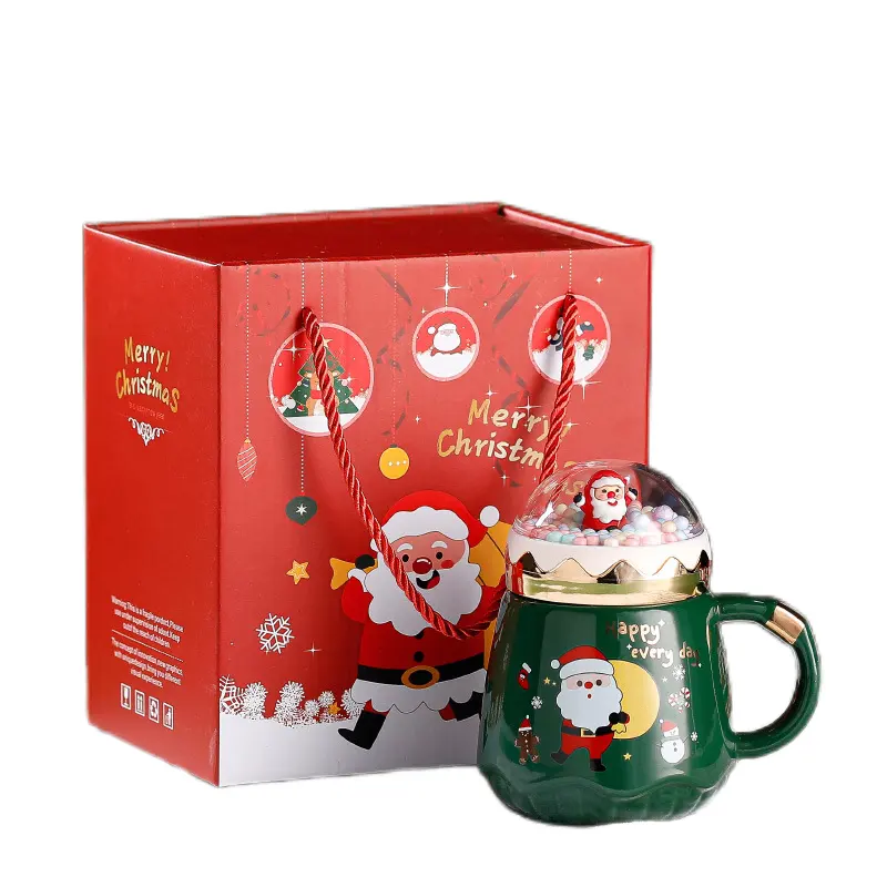 크리스마스 트리 테마 장식 선물 마시는 뿔 차가운 뜨거운 커피 차 세라믹 머그 뚜껑과 크리스마스 머그