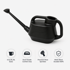 Arrosoir moderne <span class=keywords><strong>en</strong></span> plastique noir 4,5L 6L 8L avec double poignée et bec long amovible <span class=keywords><strong>en</strong></span> forme de rose pour l'arrosage des plantes de jardin, intérieur et extérieur - Product Image 1