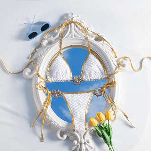 Viviblook Z325ST02 Women Summer Bikini Set New Sexy <b>Backless</b> Lace Up Bra Thong Two Piece Swimsuit Set - Product Image 2