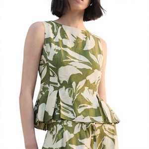 Womens Floral Peplum Tank Top Boat Neck Sleeveless Olive Green Cotton Linen <b>Summer</b> <b>Blouse</b> Apparel Manufacturer - Product Image 1