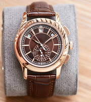Montre pour homme, cadran multicolore, boîtier en or rose, fonction chronomètre, affichage de la date, bracelet en cuir de crocodile