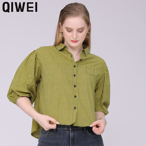 Blus dan atasan kemeja kotak-kotak warna kuning, baju wanita musim panas kancing hitam - Product Image 5