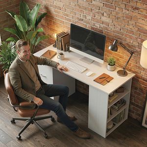 Bureau d'ordinateur moderne blanc SENYU avec 3 tiroirs et étagères ouvertes pour poste de travail à domicile - Product Image 5