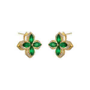 Flower Stud <b>Earrings</b> Green Crystal Gold Plated 925 Silver <b>Post</b> Everyday Wear - Product Image 5