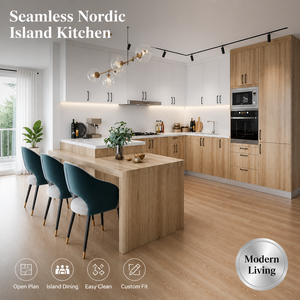 Meuble de cuisine Joysource en panneau mélaminé blanc, écologique, îlot en L, grain naturel, modulaire, appareils encastrés sur mesure - Product Image 2