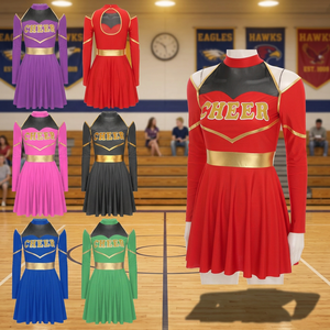 Robe d'uniforme de cheerleading avec bordure dorée, logo de cheerleading imprimé sur le devant, style jupe pour adulte, en Spandex/Polyester, imprimé par transfert thermique, rouge et violet - Product Image 3
