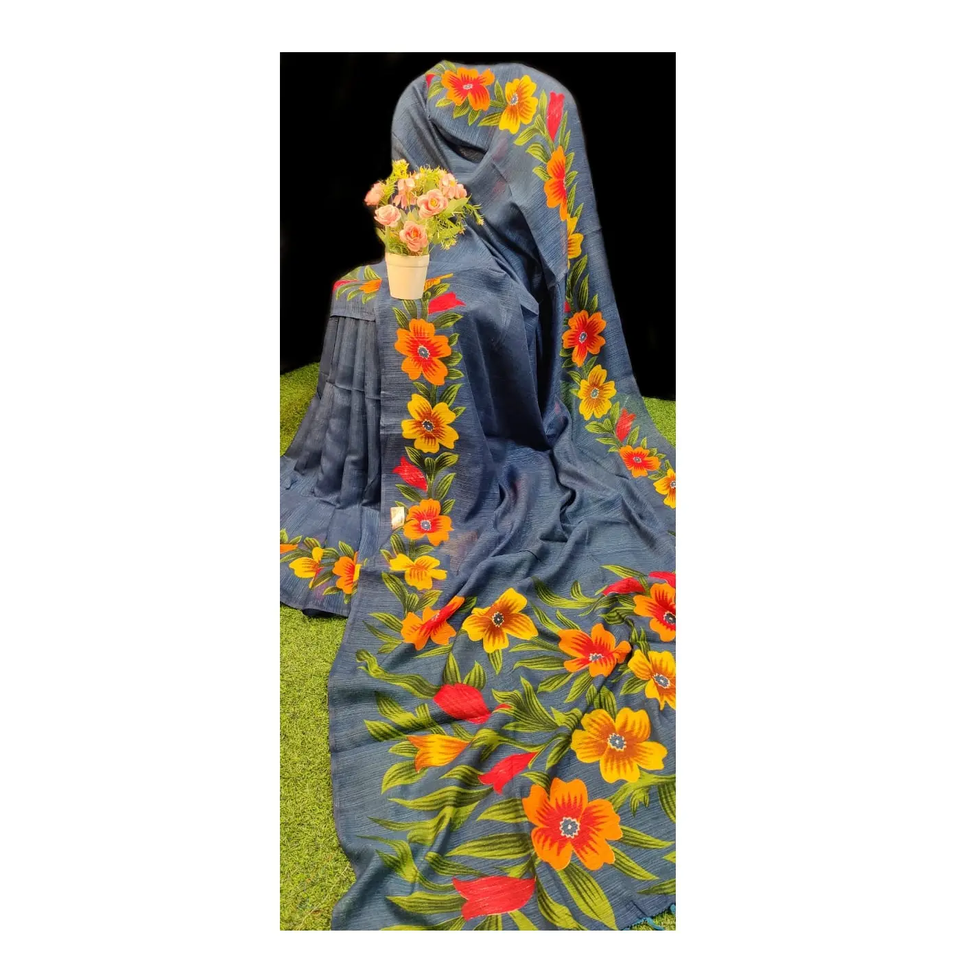 Sari de tela de seda Matka para mujer con diseño de flor de borde para boda y fiesta de proveedor indio