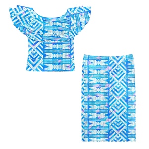 Ensemble jupe 2 pièces bleu pour <span class=keywords><strong>femme</strong></span>, haut sans manches à volants et épaules dénudées, jupe midi, tenue <span class=keywords><strong>de</strong></span> <span class=keywords><strong>travail</strong></span> et <span class=keywords><strong>de</strong></span> voyage, ensemble deux pièces, vêtements pour <span class=keywords><strong>femme</strong></span> - Product Image 1