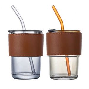 Gobelet en verre transparent personnalisé avec logo imprimé, vente en gros, avec couvercle et paille, tasse à café simple en verre avec étui en cuir et logo personnalisé - Product Image 4