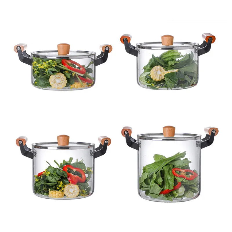 Thickening Borosilicate Glass Stovetop Cooking Pot Glass Saucepan Casserole with Wooden Handle