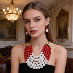 Parure de bijoux Hyperbole plaquée or avec perles d'imitation multicouches pour femme, collier et boucles d'oreilles pendantes, cadeau de mariage - Product Image 1