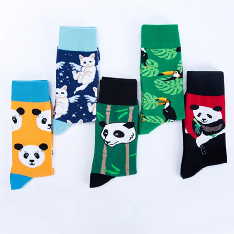 Autunno inverno fantasia nuovi fiori e uccelli panda felici nel produttore di calzini di cotone unisex a tubo medio