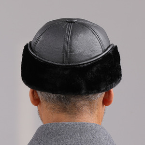 Leather Brimmed Hat With Fleece Lining Warm Winter <b>Cap</b> For <b>Men</b> Middle Aged Elderly Ear Protection - Product Image 3
