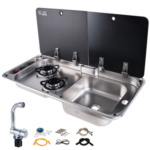 Combinato Lavello e Piano Cottura a Gas a Doppio Bruciatore in Acciaio Inox 304 per <span class=keywords><strong>Camper</strong></span>, Roulotte e Barche con Coperchio in Vetro - Product Image 1