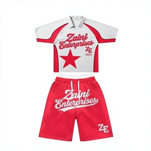 Ensemble T-shirt et short ZAINI personnalisé en tissu éponge 100 % polyester 280 GSM, blanc et rouge, coupe oversize, streetwear respirant, col rond, pour homme - Product Image 1