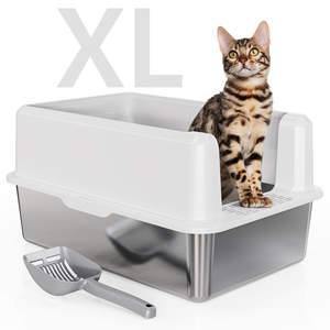 קופסת חתול נירוסטה עם מכסה, קופסת אשפה עם מכסה, xl מתכת עבור חתולים גדולים, עם צדדים גבוהים, לא דביקים, קל נקי, חצי סגור - Product Image 1