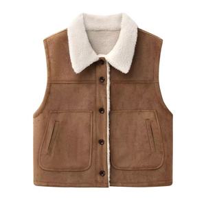 <b>Women's</b> <b>Brown</b> Sleeveless Suede <b>Vest</b> With Pocket Warm Short Woolen Outerwear Autumn Winter Loose Fit Coat - Product Image 5