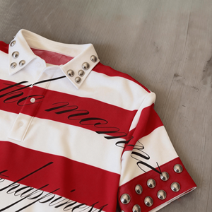 T-shirt Polo Ouna Personalizzata di Alta Qualità, Manica Corta, Colletto con Borchie, <span class=keywords><strong>a</strong></span> <span class=keywords><strong>Righe</strong></span> <span class=keywords><strong>Rosse</strong></span> <span class=keywords><strong>e</strong></span> <span class=keywords><strong>Bianche</strong></span> in Cotone per Uomo - Product Image 2