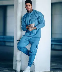 Yüksek performanslı sokak moda erkek düz renk iki parça Jogger Set spor spor uzun kollu kazak günlük pantolon takım elbise