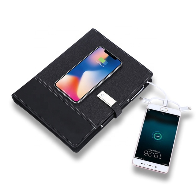 Business Planner A5 PU Cover Notebook 8000mAh Power Bank With LED logo USB Flash Drive Wireless Charging Notebook