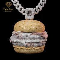 Promotion : Pendentif Burger en Argent Sterling 925 et Moissanite, Réaliste 3D, Style Hip Hop Iced Out pour Hommes, Idéal Streetwear Quotidien