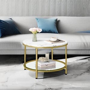 <span class=keywords><strong>Table</strong></span> <span class=keywords><strong>basse</strong></span> <span class=keywords><strong>VASAGLE</strong></span> à 2 niveaux, plateau en faux marbre, étagère en verre, style moderne, salon, marbre blanc, or pâle - Product Image 6