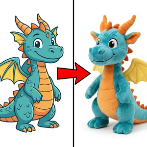Peluche de dragon de dessin animé personnalisée, corps duveteux turquoise, ventre orange, cornes, ailes membranuses jaunes, créature fantastique debout, jouet mascotte - Product Image 1