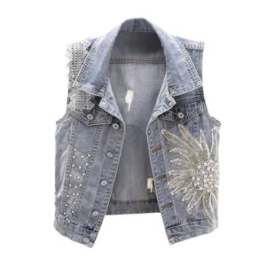 DiZNEW Pearl Denim jacket Vest Loose new Hip Hop Pearl vest jacket men clothes summer jean jacket