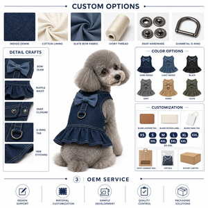 Chaleco vaquero sin mangas para perro con lazo decorativo y dobladillo con volantes, proveedor de ropa para mascotas OEM, vestido para mascotas con anilla en D trasera y botón metálico lateral - Product Image 2