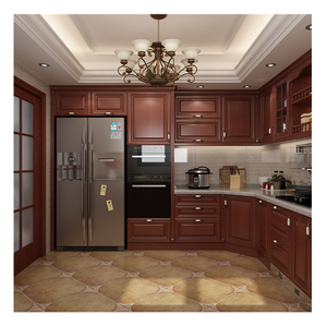 Foshan Made Rustic Style Wine Color Cabinets Design Customized European Style Full Set Antique Solid Wood Kitchen Cabinet