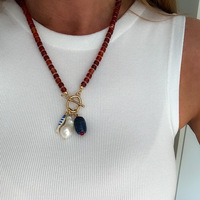 Kalung Rantai Batu Akik Merah Berlapis Kaca dengan Liontin Mutiara Barok dan Ikan, Gesper Berlapis Emas 18k untuk Wanita