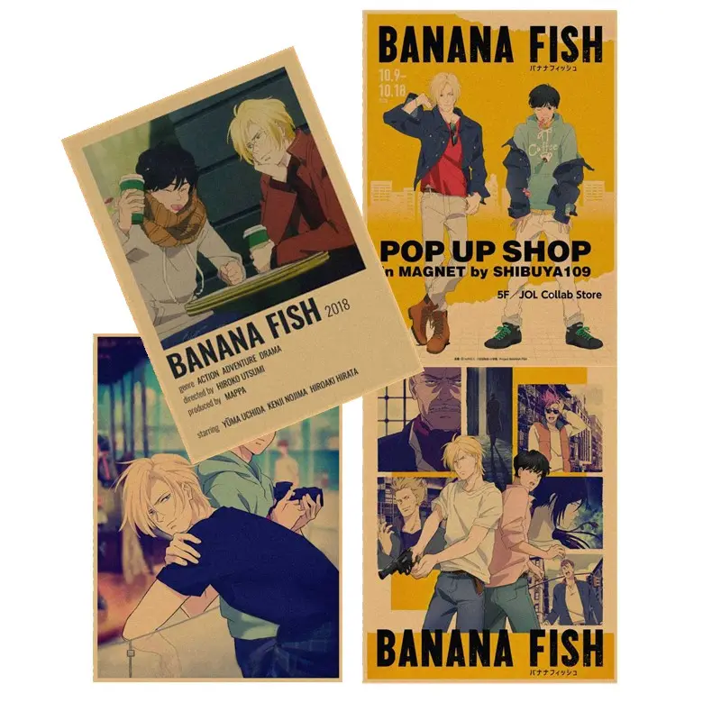 Poster Anime 19 gaya Poster Banana Fish Poster dinding Anime Gambar Seni Poster kertas Kraft antik