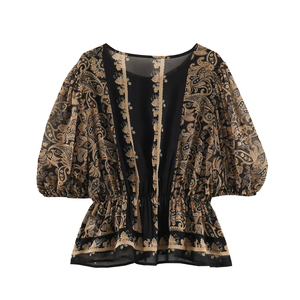 Schwarze Rundhals-Bluse mit Knöpfen und Aufdruck Halber Ärmel Lässige Modische Sommer-Tops Blusen Hemden für Damen - Product Image 2
