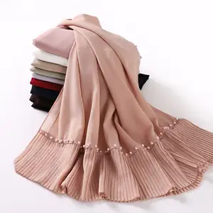 उच्च गुणवत्ता मोती शिफॉन Pleated सिलाई पगड़ी कील मनका राष्ट्रीय शैली स्कार्फ मुस्लिम हिजाब