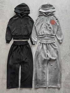 Tùy chỉnh Heavyweight Tracksuit đau khổ axit rửa Flared Sweatpants hoodie Set người đàn ông - Product Image 2