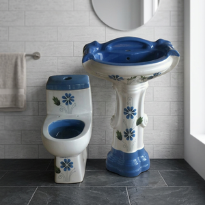 Toilette monobloc colorée de qualité supérieure avec ensemble de lavabo sur pied articles sanitaires en porcelaine salle de bain WC et lavabo combiné - Product Image 1