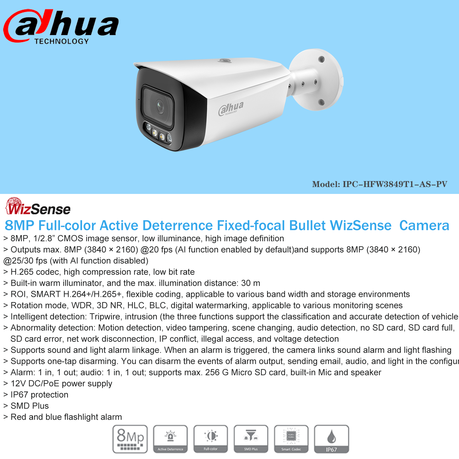 dahua 8MP 4K IP Camera IPC-HFW3849T1-AS-PV 24 Hours Full-color Active Deterrence Fixed-focal Bullet WizSense Network camera