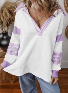 <span class=keywords><strong>Sudadera</strong></span> de Mujer con Cuello en V Profundo, Manga Larga, Diseño a Rayas con Bloques de Color, Estilo Holgado, Informal, para Estar en Casa - Product Image 5