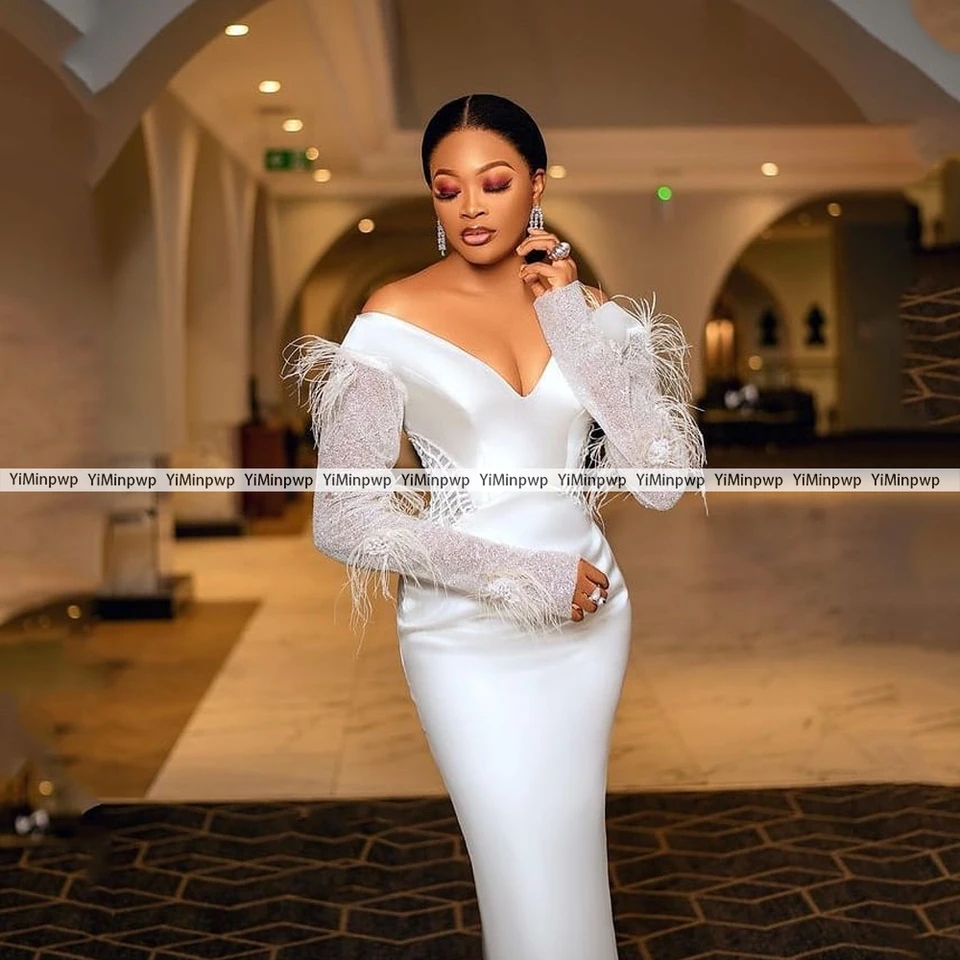 White Wedding Dresses for Bride off Shoulder Long Sleeve Ankle Length Beading Feathers Africa Civil Bridal Gowns Customized| Alibaba.com White Wedding Dresses for Bride off Shoulder Long Sleeve Ankle Length Beading Feathers Africa Civil Bridal Gowns Customized| Alibaba.com