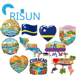 Imán, Broche, Pin o Insignia de Recuerdo Personalizado al por Mayor con Diseño de Bandera de Willemstad Curacao, Playa, Mapa de Isla del Caribe y Flamenco - Product Image 1