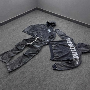 Ensemble de survêtements pour hommes, sweat à capuche et pantalon de survêtement zippés, style vintage délavé à l'acide, avec appliqué, 500 g/m², haute qualité OEM ODM - Product Image 1